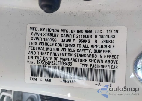 2020 Honda Insight Ex from USA, damaged, VIN 19XZE4F52LE003433